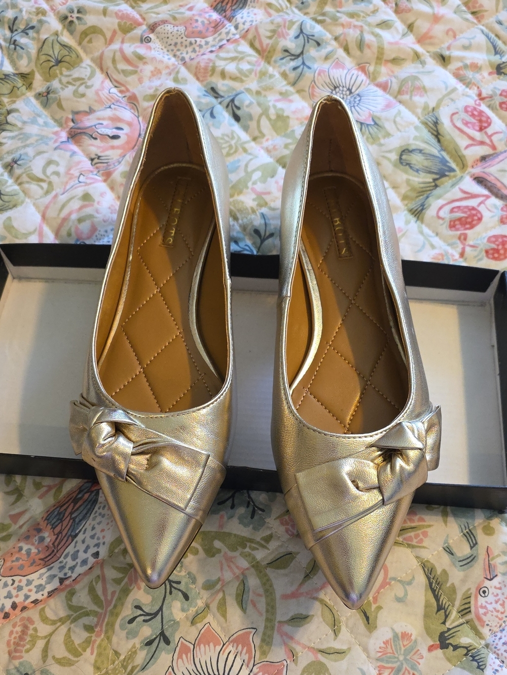 Metallic Gold Pointed Toe Bow Flats - Women